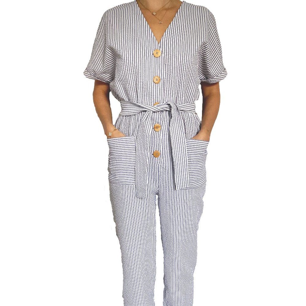 ZARA Blue Striped Seersucker Tie-Front Jumpsuit